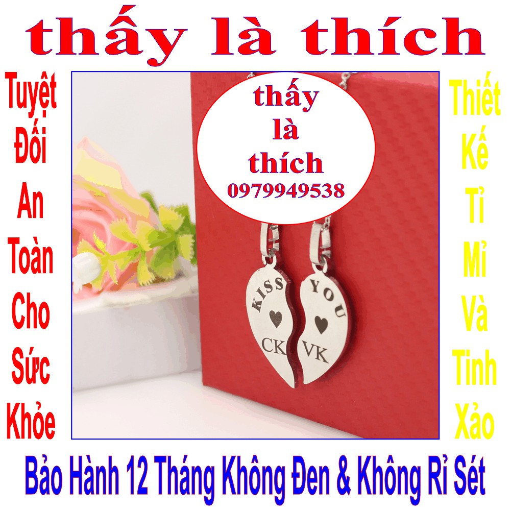 Dây chuyền cặp đôi 2 mảnh ghép trái tim khắc chữ CK/VK kết hợp chữ KISS YOU - Giá bán như trên là 1 cặp = 2 sợi như hình