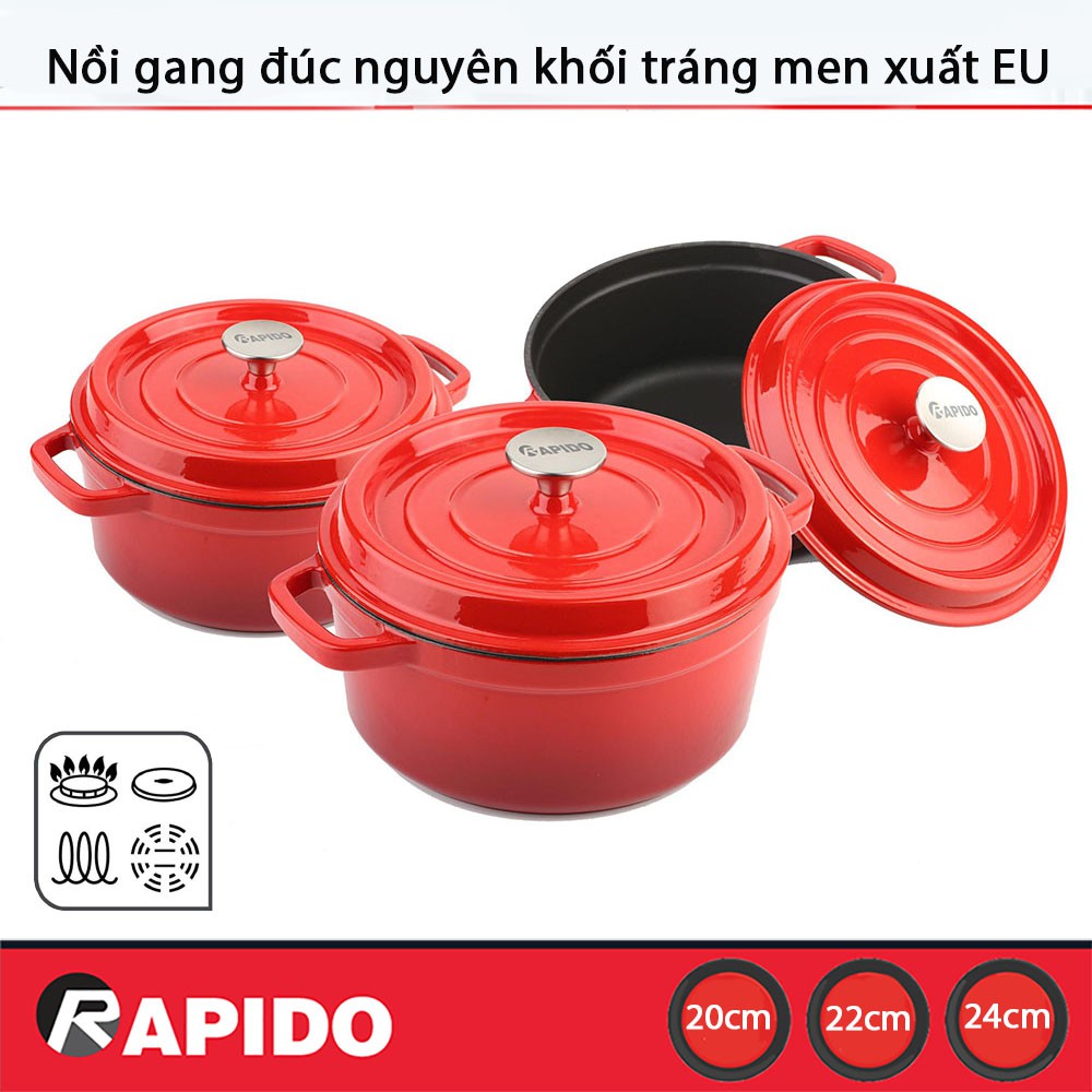 Bộ 3 nồi gang đúc nguyên khối tráng men chống dính Rapido dùng bếp từ hàng xuất Châu Âu - Bảo hành chính hãng 12 tháng