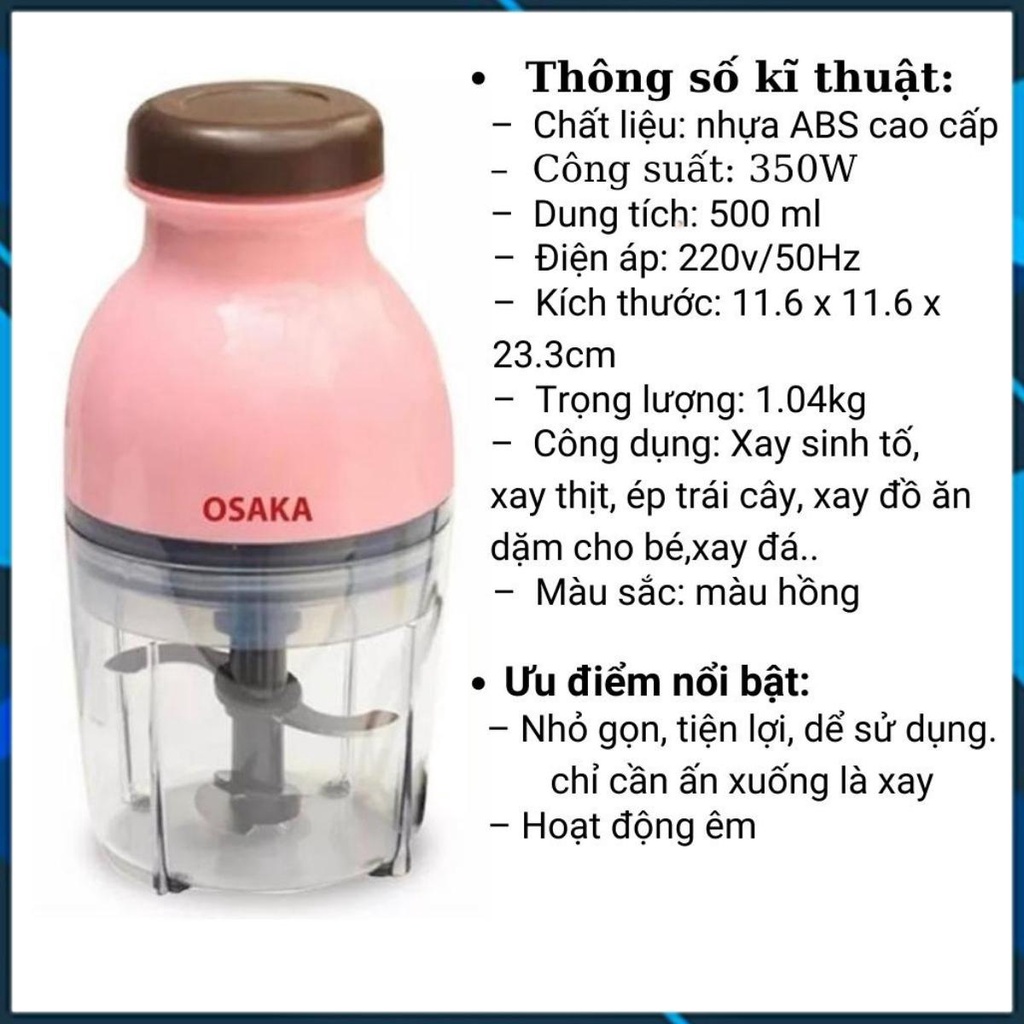 Combo máy xay sinh tố OSAKA 350W, 750ML và xay tỏi ớt kéo tay, xay đá, xay thịt đa năng thương hiệu Nhật