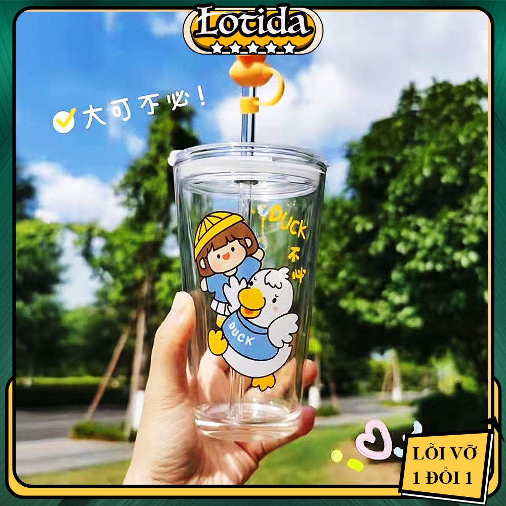 Ly uống nước cute dễ thương cao cấp 450ml, cốc thủy tinh đẹp có nắp có ống hút chịu nhiệt uống sinh tố vintage decor