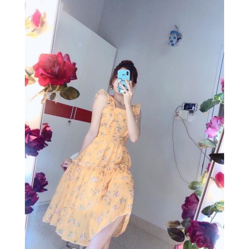 Đầm xòe hai dây cánh tiên họa tiết hoa lá