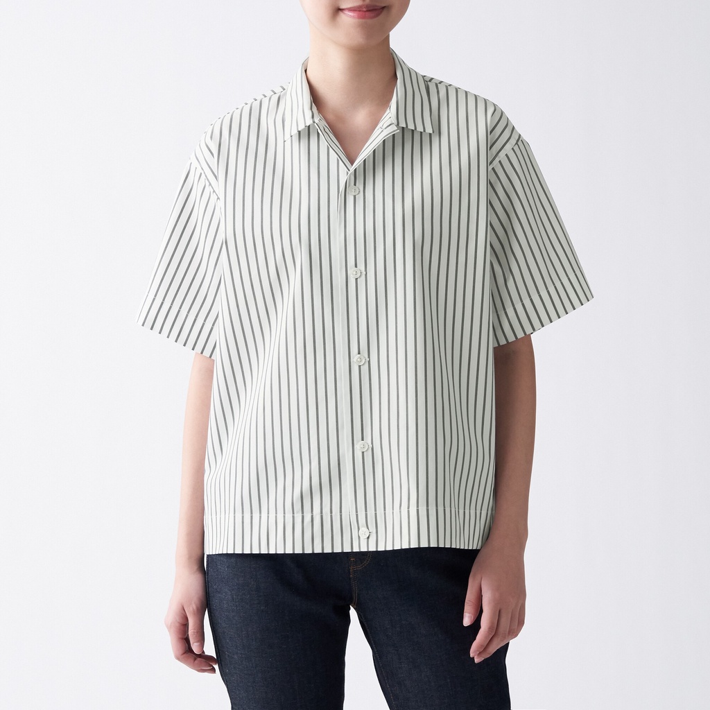 Muji Áo Sơ Mi Vải Co Giãn Cổ Mở Ngắn Tay