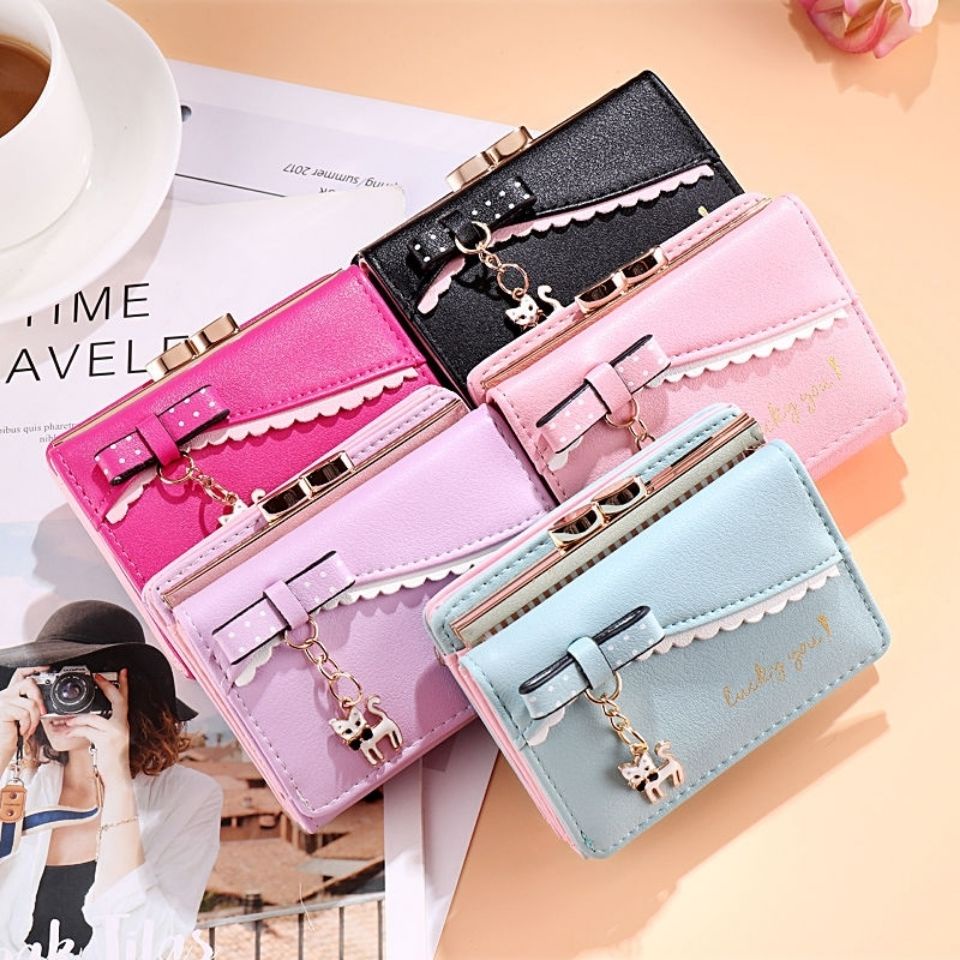 Ví Ngắn Cầm Tay Đa Năng Họa Tiết Mèo Xinh Xắn Cho Nữ Giá Đỡ