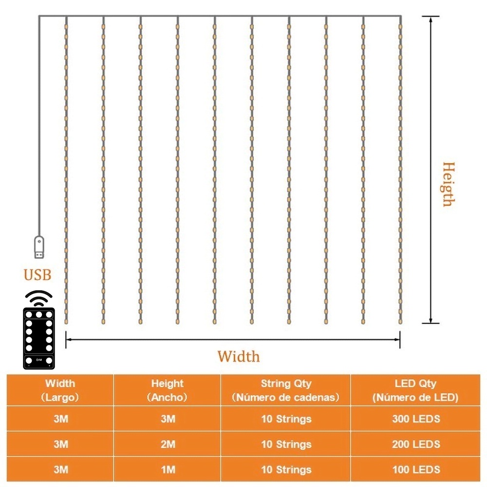 Đèn dây rèm LED 3 * 3M USB /8 chế độ đèn cổ tích năm mới với điều khiển từ xa /Đèn Led Vòng hoa cho Trang trí Trang chủ / Đám cưới / Tiệc / Sân vườn / Giáng sinh