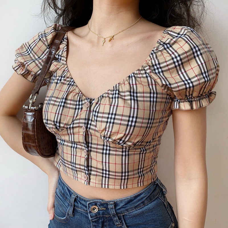 Áo Croptop tay bồng bó sát trễ vai kẻ caro phong cách cá tính