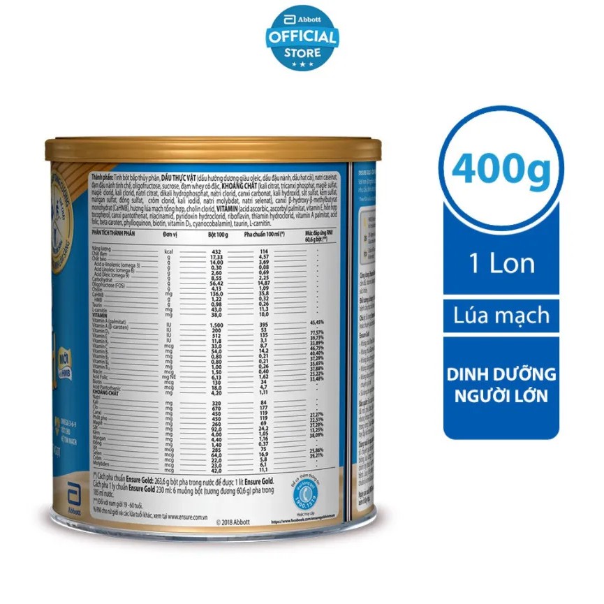 [Tặng 1 gói dùng thử bất kì] Sữa bột Ensure Gold Lúa mạch (HMB) 400g