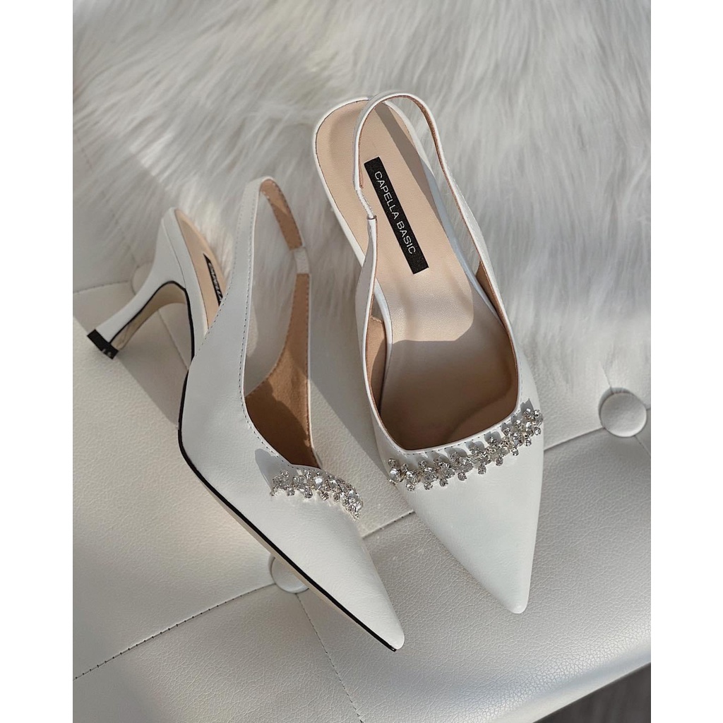 Giày Cao Gót Nữ Mũi Nhọn Đính Đá  7cm Đen Trắng, Sandal Đế Cao 7p Công Sở Tiệc Cưới Nổi Bật Slingback Siêu Sang Chảnh
