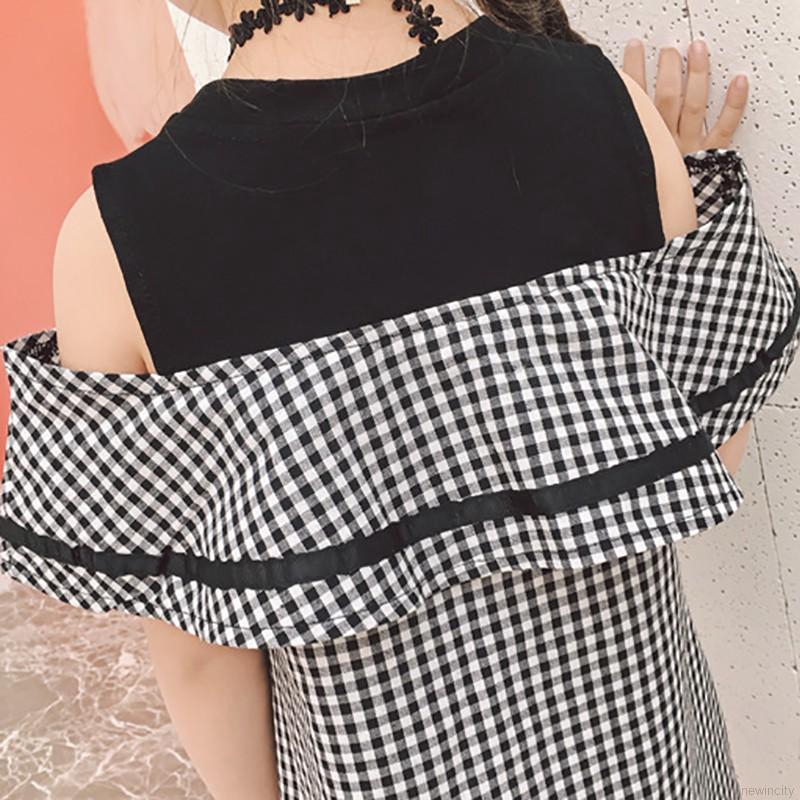 Đầm cotton kẻ ca rô trễ vai dễ thương cho bé