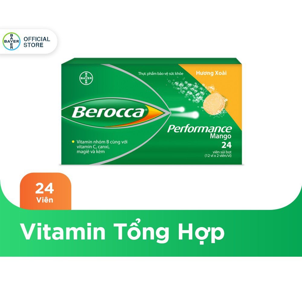 Bộ 2 hộp viên sủi bổ sung Vitamin Berocca Performance Mango 24 Viên/hộp - Tặng 1 túi trống du lịch Berocca