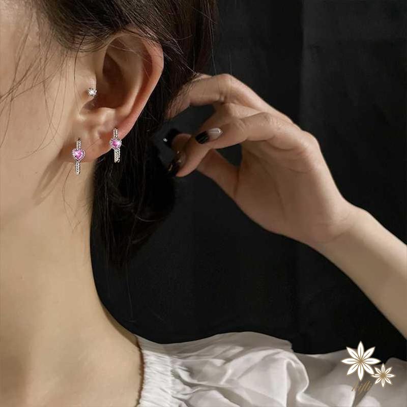 Đôi khuyên tai dạng vòng xoắn đính đá zircon màu hồng trái tim đơn giản thời trang dành cho bạn nữ