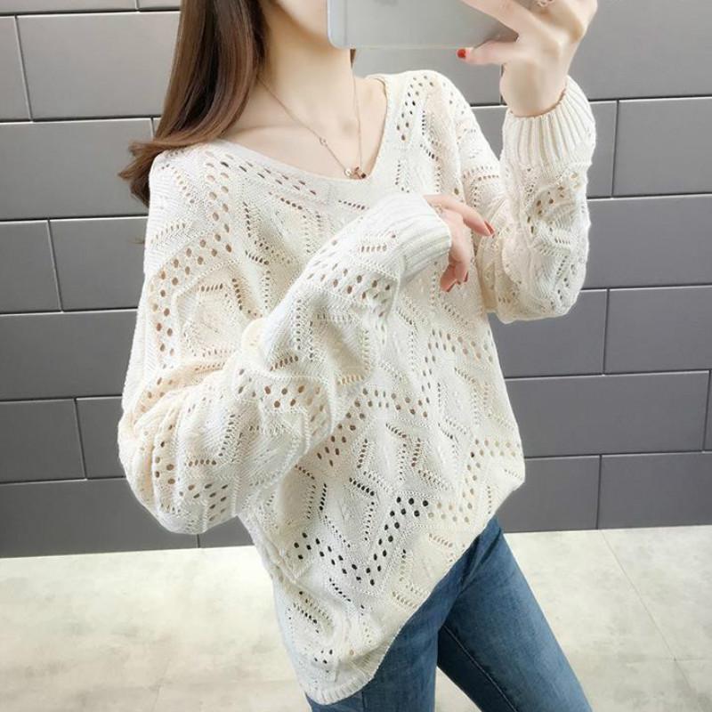 Áo sweater dệt kim cổ chữ V tay dài họa tiết cổ lỗ dáng rộng trơn màu