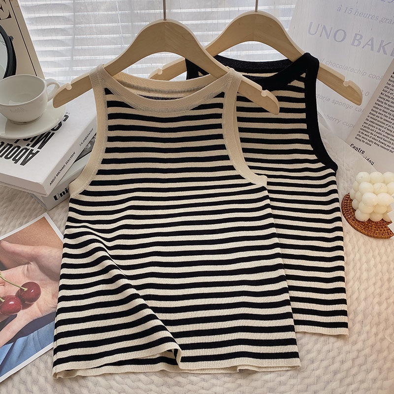 Áo Hai Dây Ôm Dáng Họa Tiết Kẻ Sọc Trắng Đen Phong Cách Ngọt Ngào Thời Trang Mùa Hè Cho Nữ Croptop