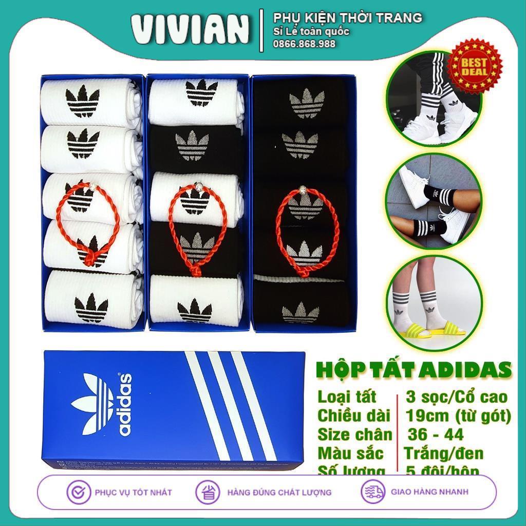 Vớ ADIDAS cổ cao 3 sọc [ Hộp 5 đôi ] Tất dệt kim Cotton kháng khuẩn, thấm hút mồ hôi cực hiệu quả