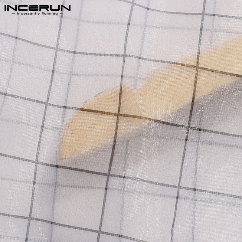 Áo sơ mi croptop INCERUN tay ngắn dáng rộng cài khuy kẻ sọc ca rô thời trang cho nam