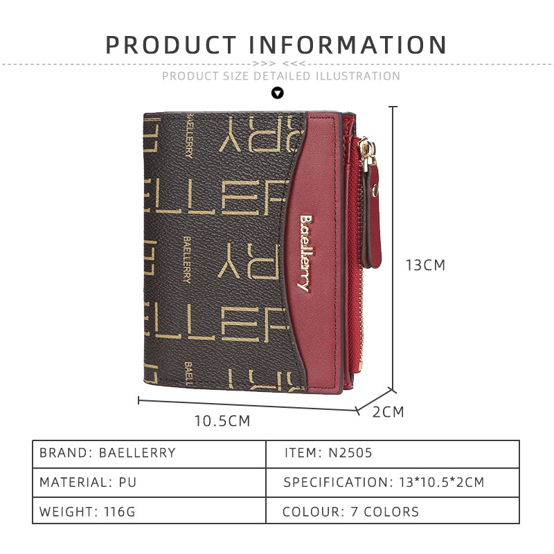 Baellerry Ví Da Ngắn Có Khóa Kéo Hai Màu In Chữ Thời Trang Cho Nữ