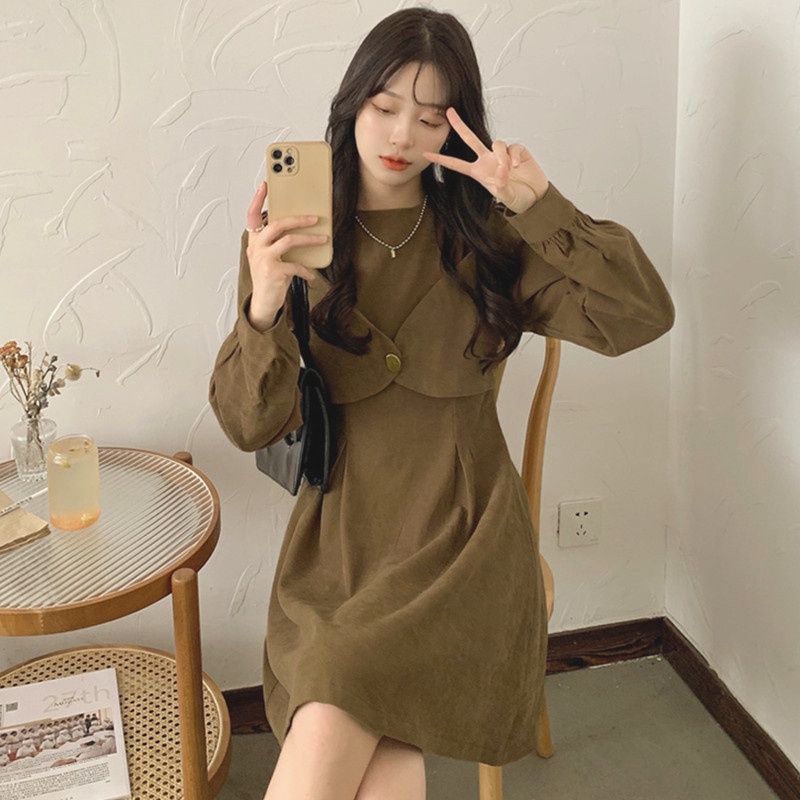 【ZHELIHANGFEI】Đầm Tay Phồng Giả Hai Lớp Nhấn Eo Phong Cách Retro