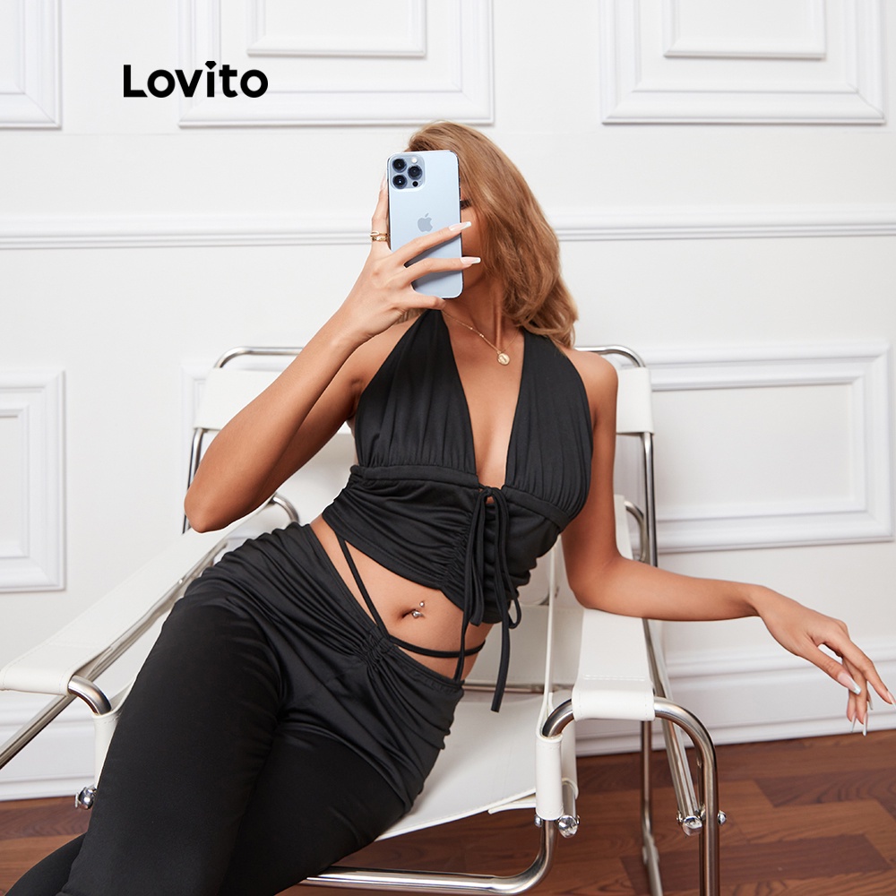 Áo tank top Lovito màu trơn kiểu dây rút buộc cổ phối nơ quyến rũ L08089 (đen) | BigBuy360 - bigbuy360.vn