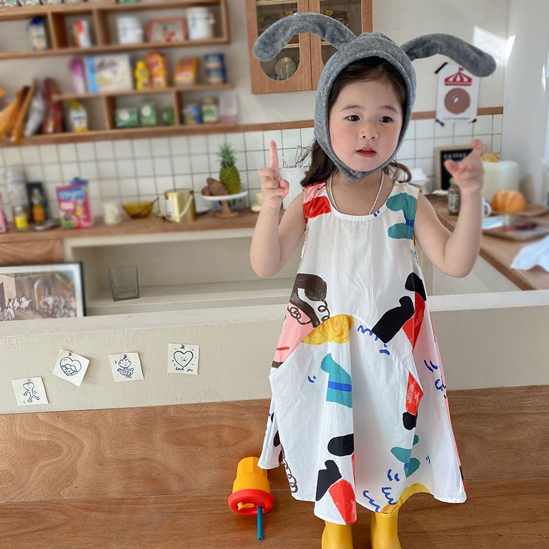 Đầm Công Chúa Sát Nách Cổ Tròn In Họa Tiết Hoạt Hình Kiểu Hàn Quốc Thời Trang Mùa Hè Cho Bé