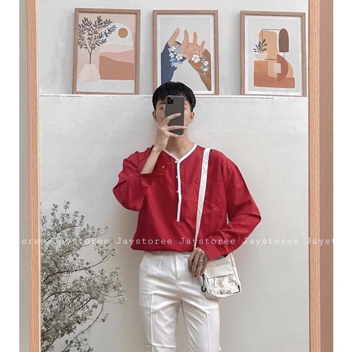 Áo Sơmi Lụa HÀN Cổ Viền dài tay form rộng ❤️/Nam nữ unisex/FREESHIP ❤️