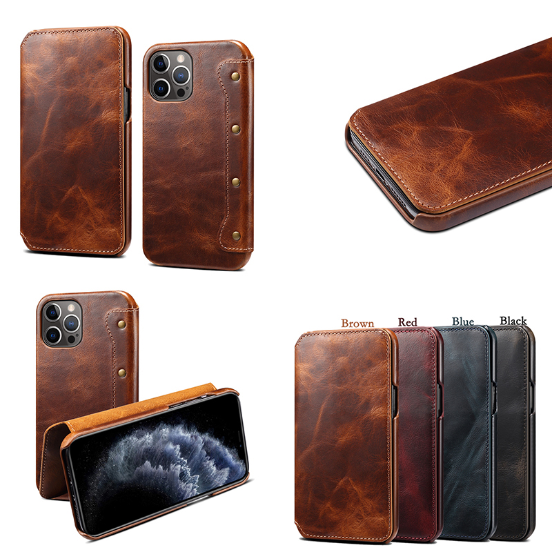Genuine Leather Da thật ví Vỏ bảo vệ for iPhone 12 Mini Ốp lưng iPhone 12 Pro Max Vintage Style Bao da