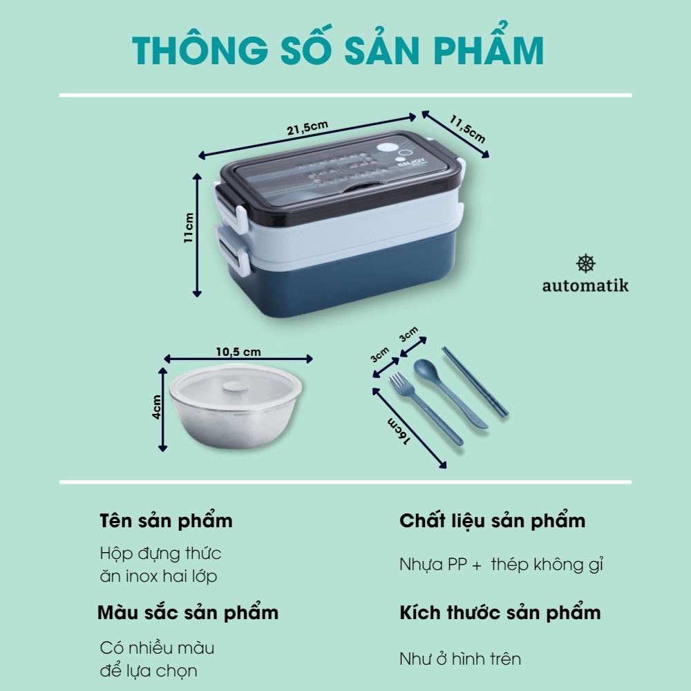 Hộp Đựng Cơm Giữ Nhiệt Văn Phòng, Cặp Lồng Đựng Đồ Ăn 2 Tầng Lõi Inox 304 - Automatik