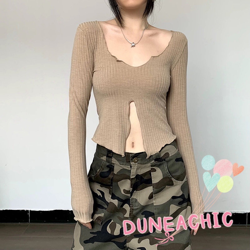 Áo Thun Tay Dài Phối Bèo Màu Trơn Thiết Kế Xẻ Tà Cá Tính