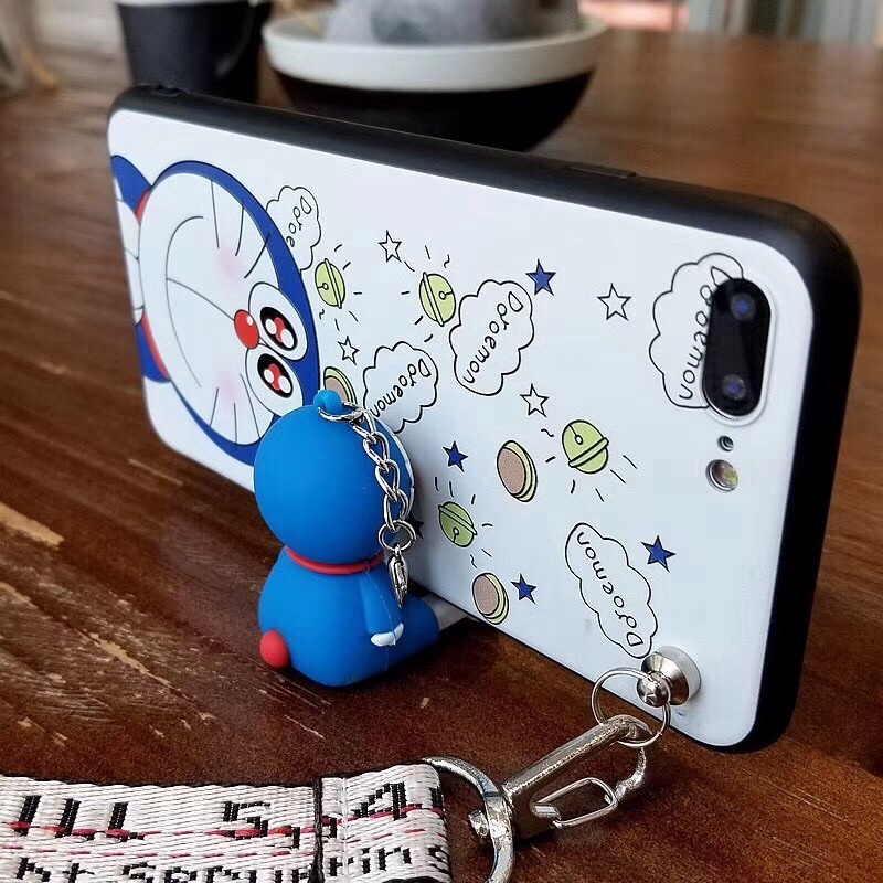 Ốp lưng  iPhone hình Doraemon có dây móc tay cho 6 6S 7 8 Plus X