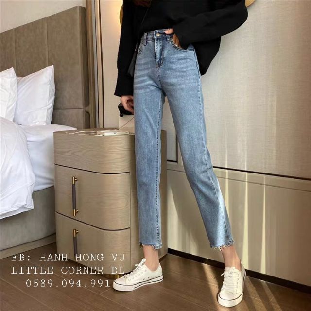 Quần slim baggy jeans nữ lưng cao gấu cắt vuông ulzzang kèm ảnh thật