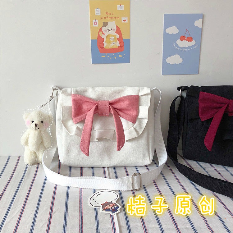 Túi vải canvas đính nơ đơn giản ngọt ngào phong cách lolita Nhật bản
