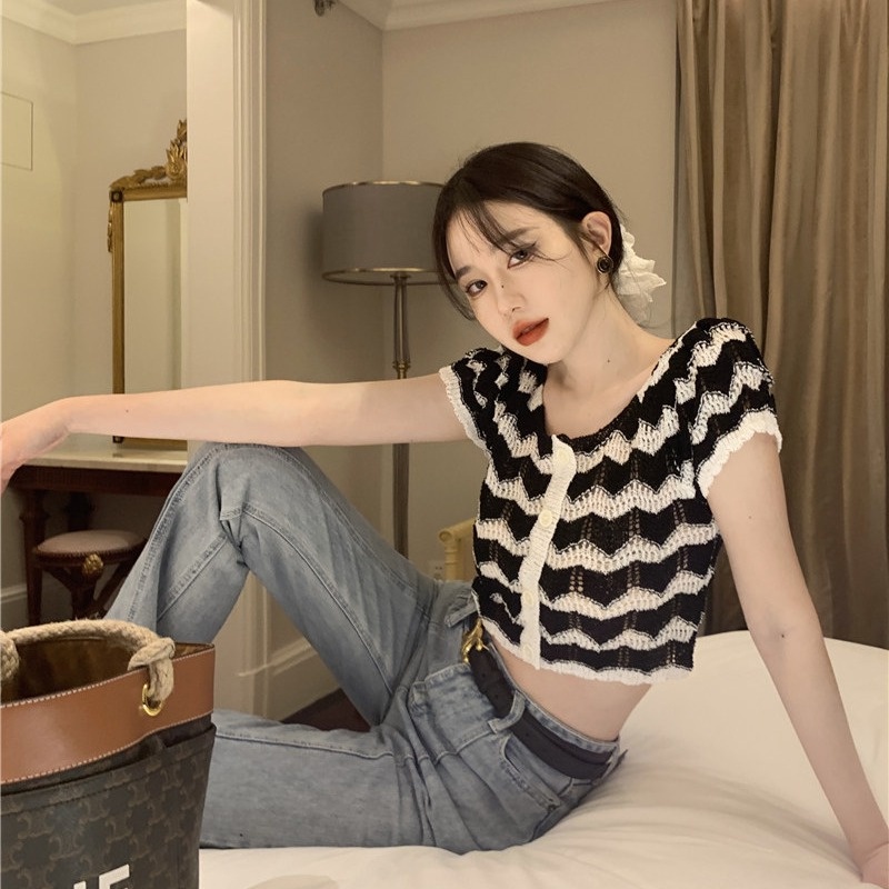 Áo cardigan croptop ZHELIHANGFEI dệt kim tay ngắn họa tiết kẻ sọc thời trang dành cho nữ