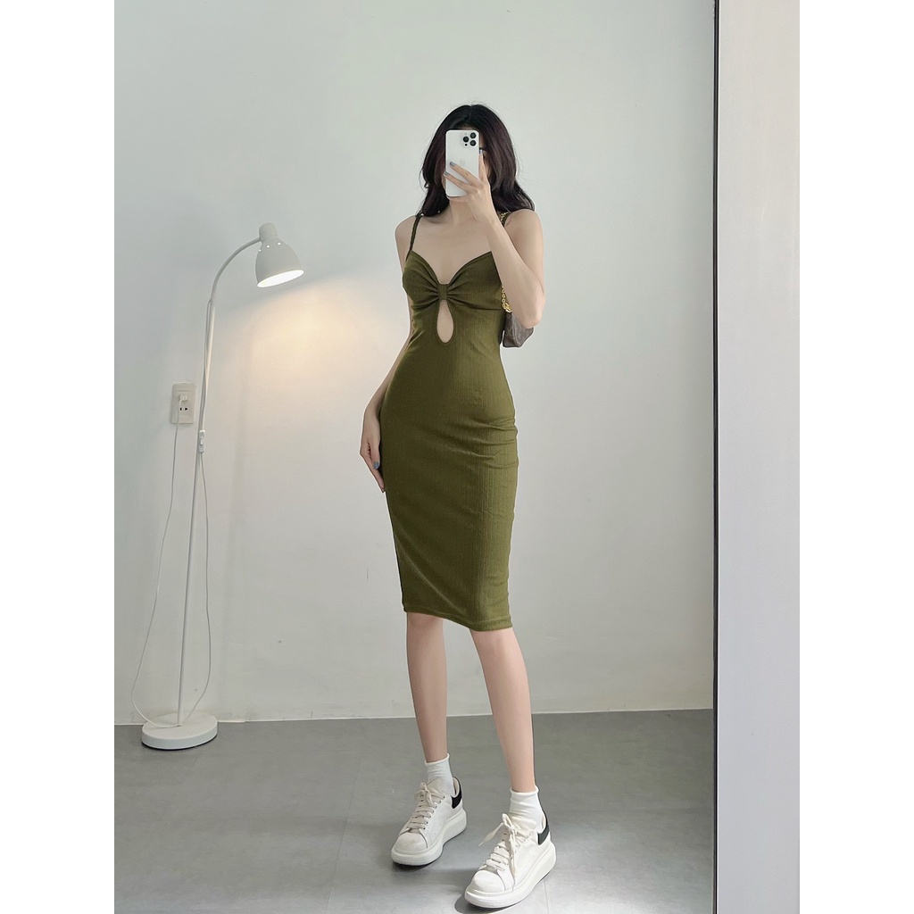 Đầm body nữ hai dây HHVINTAGE kiểu xoắn ngực Dress A09