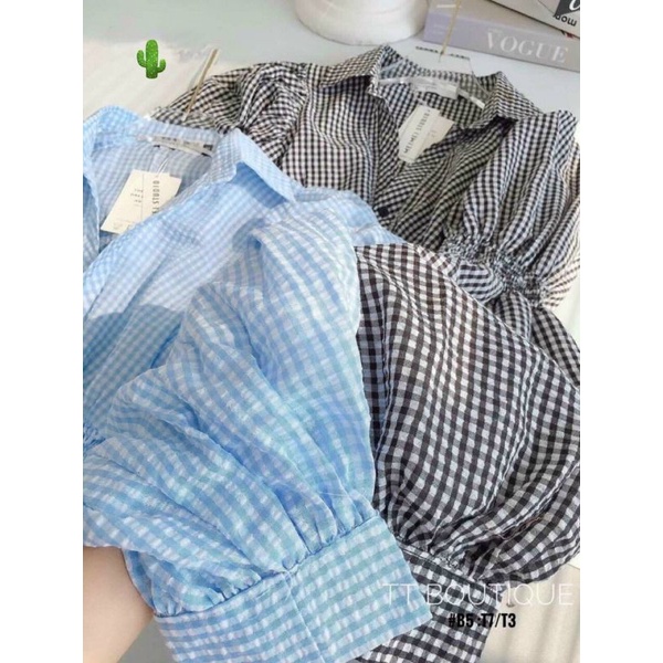 Áo sơ mi caro nhún eo Quảng Châu cổ V tay dài