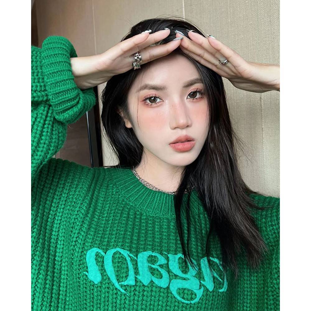 Áo Sweater Dệt Kim Dáng Rộng In Chữ Kiểu Hàn Quốc Thời Trang Thu Đông Cá Tính