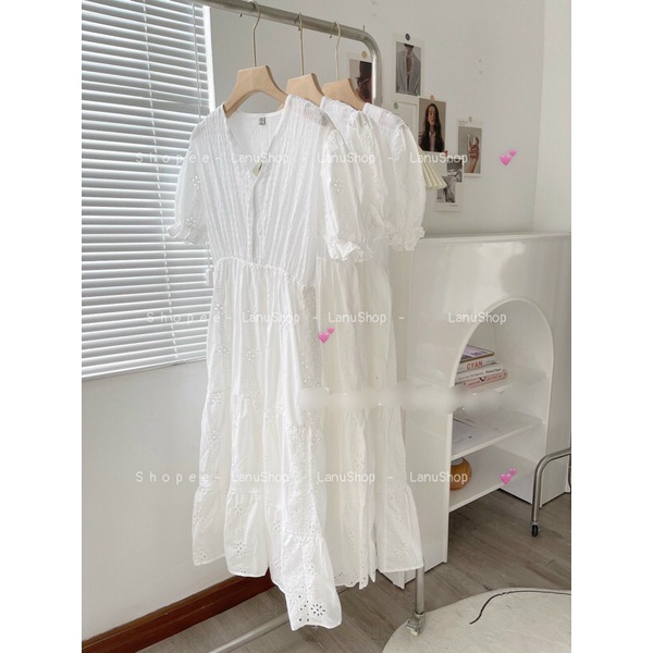 Váy thô thêu hoa dáng dài tay cộc cổ v Váy xoè xinh xắn