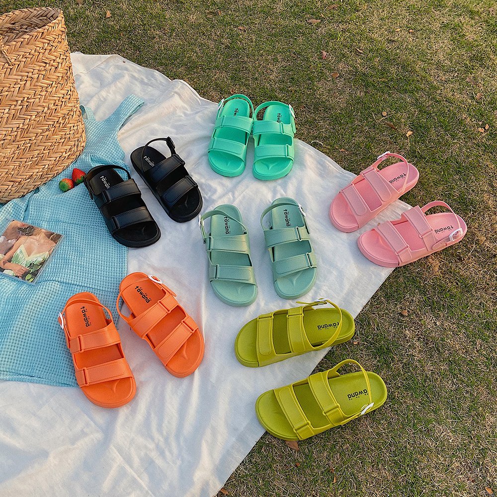 (HCM)Dép sandal nữ đi học 2 quai trơn đế bằng nhiều màu chống nước