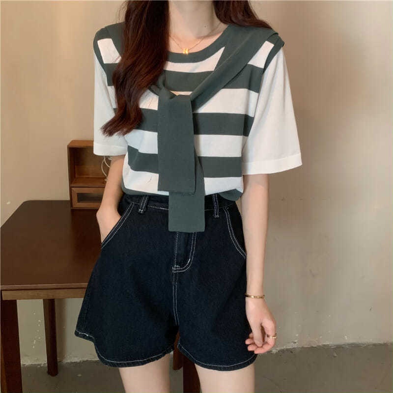 Áo Thun Giả Hai Lớp Phối Khăn Choàng Kẻ Sọc Dáng Rộng Thời Trang Mùa Hè Mới Dành Cho Bạn Nữ