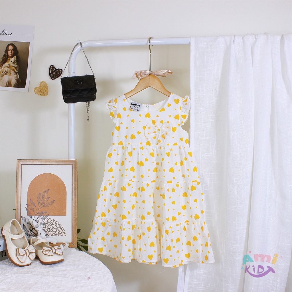 Đầm Bé Gái Họa Tiết Trái Tim Cổ Phối Nơ Xinh Xắn, Váy Babydoll 2 Tầng Tay Cánh Tiên Công Chúa Cho Tr