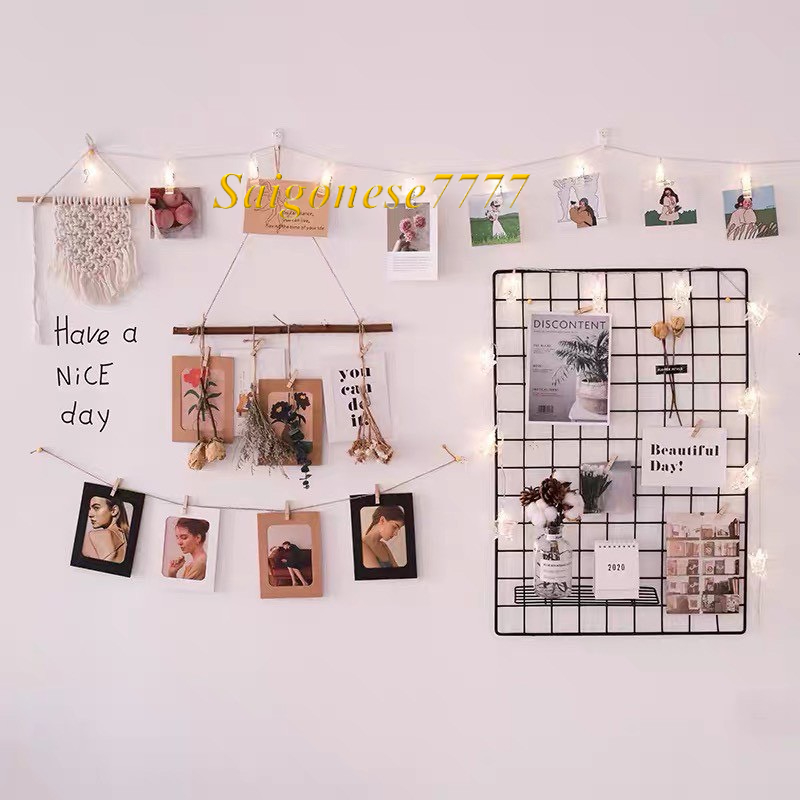 Combo Khung Hình Lưới Sắt+ Đèn Led Xài Pin Dài 3M 30 Bóng Đèn Đom Đóm Kẹp Hình Nghệ Thuật Trang Trí Decor