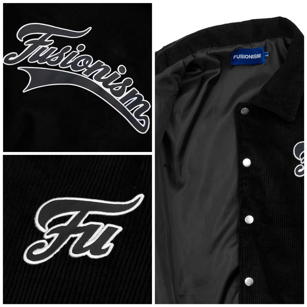 Áo Khoác Jacket Nhung Gân Corduroy Logo Basic Fusionism / Màu Đen - Kem / Unisex Nam Nữ