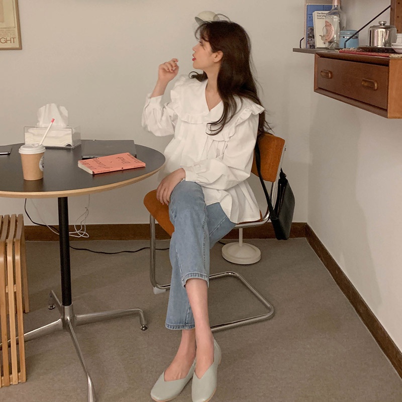 Áo Sơ mi Cổ Bèo Tay Phồng  phong cách tiểu thư,  bánh bèo, dáng babydoll 4 màu đen, trắng, xanh,nâu