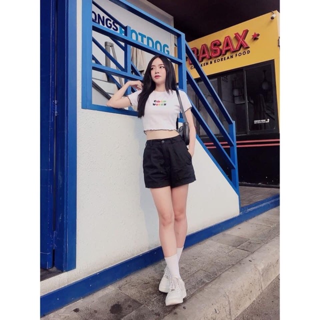 (Ảnh thật)Áo croptop cuốn biên in chữ GOOD VIBES đen/trắng