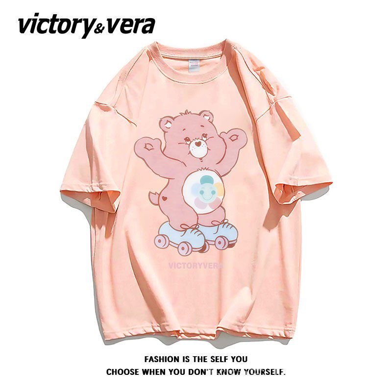 Áo Thun Cotton Tay Ngắn Dáng Rộng In Hình Gấu Dễ Thương Thời Trang Mùa Hè Cho Nữ 2022