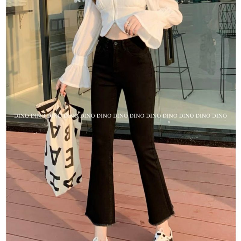 Quần Jean ống loe cạp cao chất vải co dãn 4 chiều cực tôn dáng quần màu đen trơn đủ size