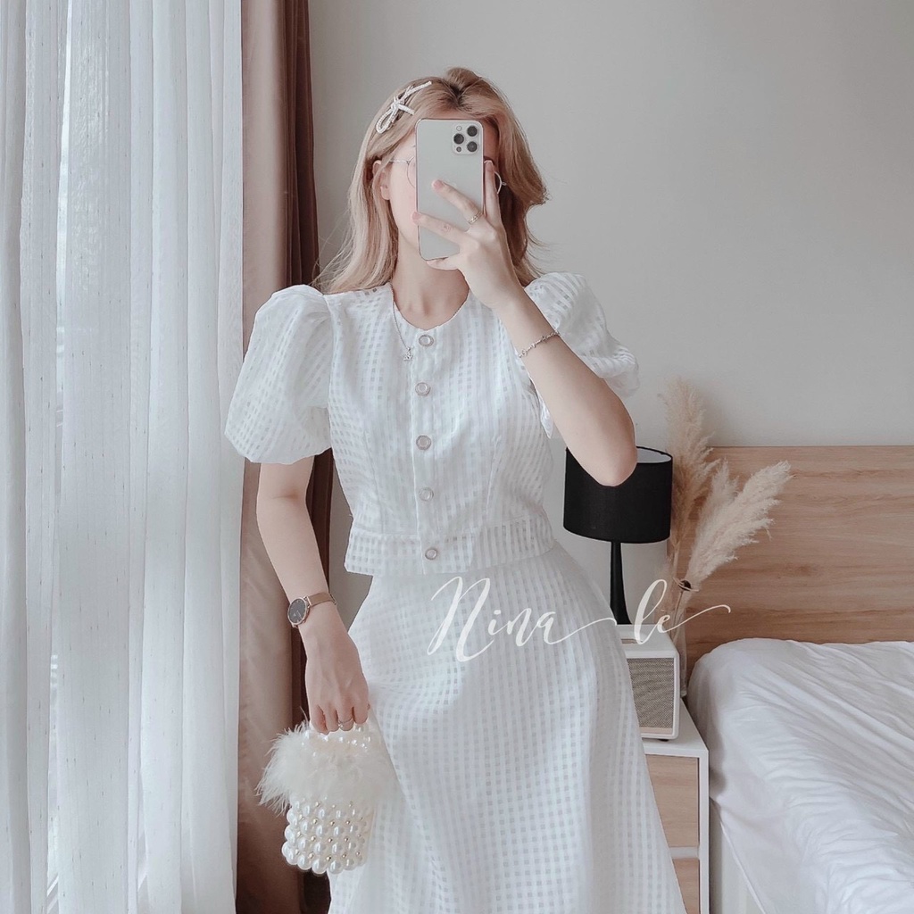 Sét váy uzlang đi tiệc, áo tay phồng croptop mix chân váy xoè,  sét tiểu thư dự tiệc chất xô 2 lớp cao cấp