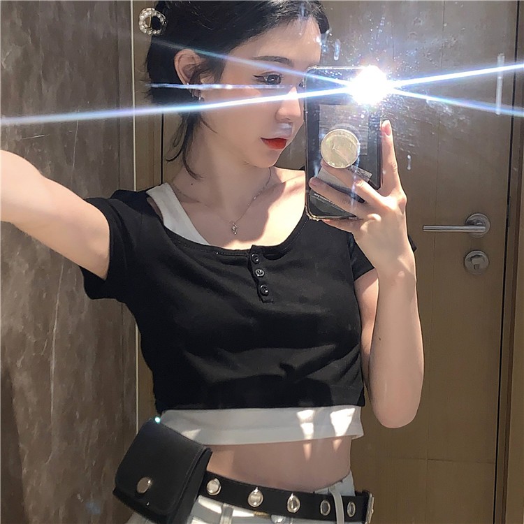 QADCOL Áo thun tay ngắn hai lớp phong cách Hàn Quốc cho nữ