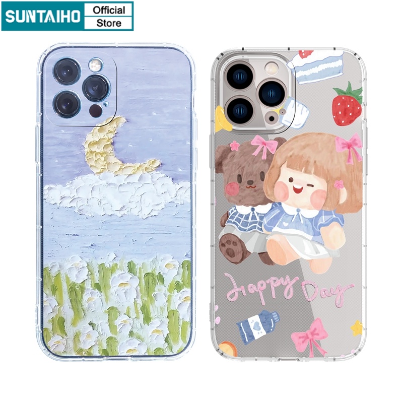Ốp lưng iphone Ốp điện thoại SUNTAIHO TPU viền vuông hình mặt trăng sơn dầu cho iPhone 13 12 11 Pro Max X XS Max XR 8 7 6 6S Plus