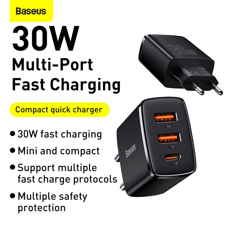 Củ sạc nhanh Baseus 2 cổng/ 3 cổng loại C/PD và USB 20W/30W hỗ trợ sạc nhanh cho iP x, xsmax, 11/12/13 Promax ,..