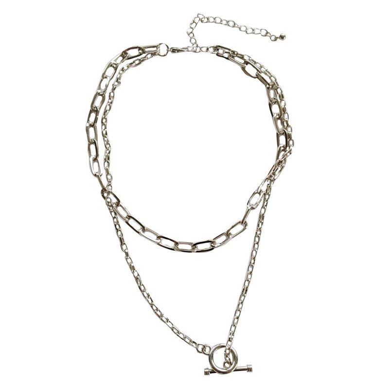 Vòng cổ hip hop hai lớp cá tính Vòng cổ chuỗi xương đòn tròn 496 kim loại không gỉ cá tính cho cả nam và nữ