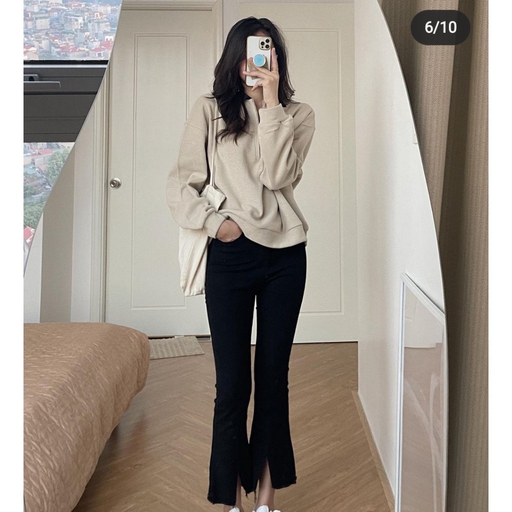 Quần jean bò ống loe đen xẻ gấu cạp cao hách dáng chất jeans co giãn thoải mái gấu tua cá tính phong cách hàn quốc