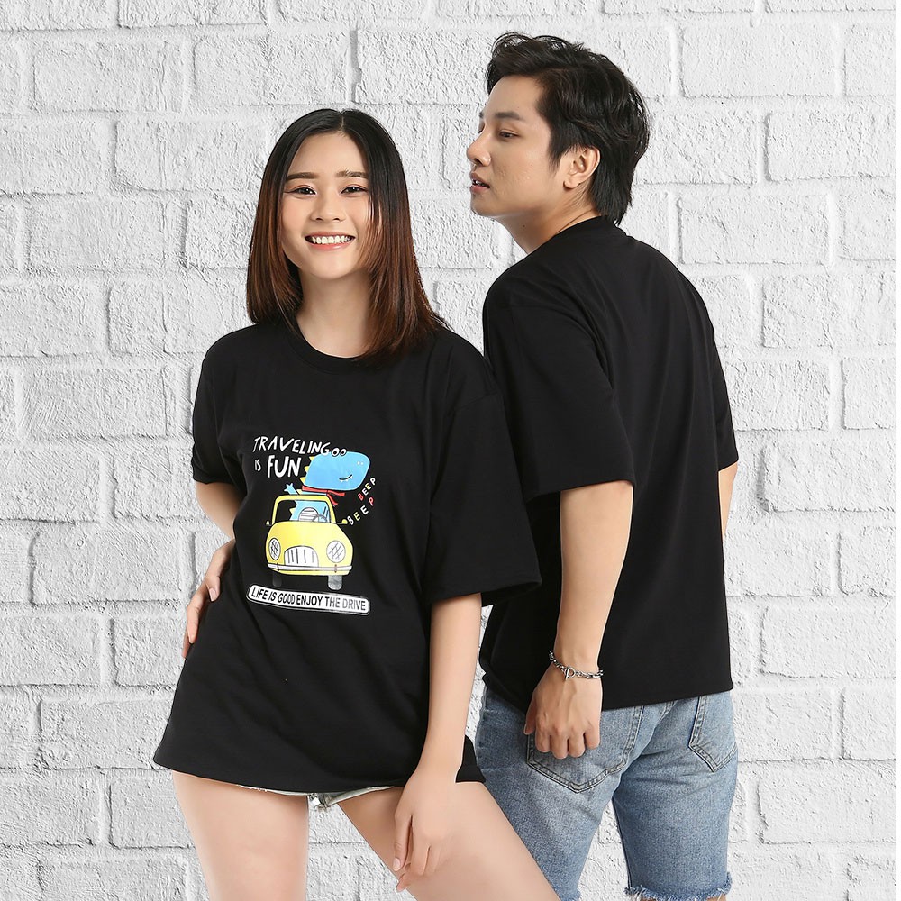 Áo thun tay lỡ phong cách unisex cổ tròn cho nam nữ in hình Lái Xe đẹp T27